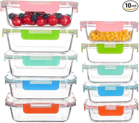 10 Pack Glass Food Storage Containers with Airtight Lids, Ideal for Meal Prep, Lunches - Microwave and Dishwasher Safe, Colorful