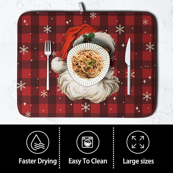 Santa Claus Christmas Dish Drying Mat Xmas Red and Black Buffalo Plaid Snowflake Drying Mats Winter Holiday Dishes Drying Pad Microfiber Absorbent Dish Drainer Rack Mat 16x18 Inch