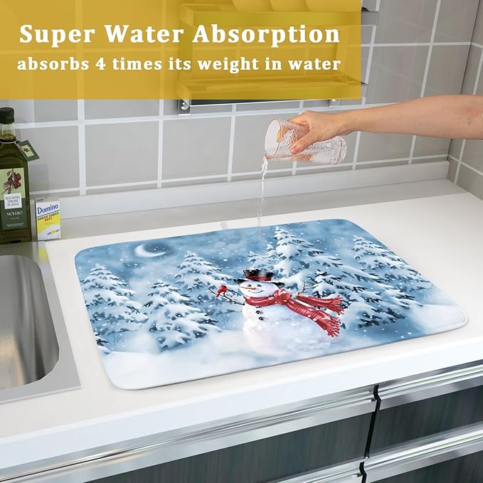 Blue Snowman Dish Drying Mat Winter Pine Tree Drainer Rack Mats 18x24 Inch Absorbent Fast Dry Dish Pad Protector Kitchen Counter Accessories