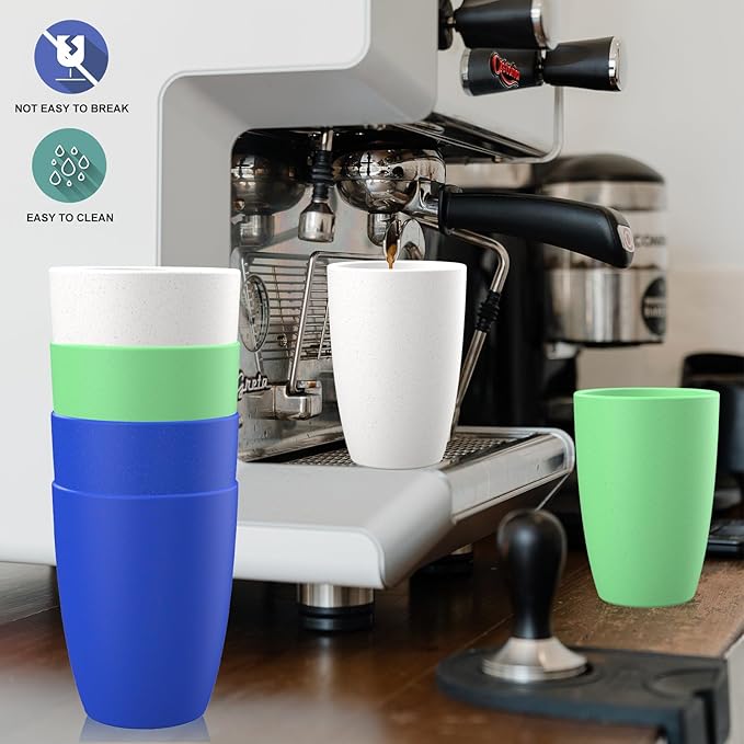 Wrova unbreakable wheat straw cups 20oz set of 6 with textured pattern anti slipping,big plastic drinkings cups microwave safe and dishwahser safe.White-Green-Blue
