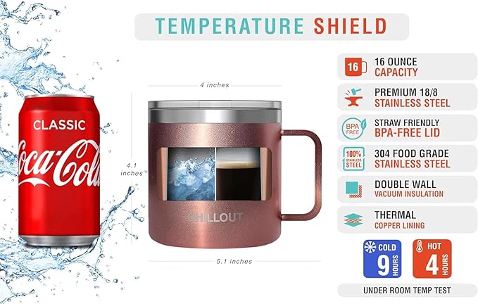 CHILLOUT LIFE Stainless Steel 16 oz (Set of 2) - Vacuum Insulated Coffee Mug with Handle and Lid, Large Thermal Camping Coffee Mug Cup with Durable Sliding Lid for Women - Rose Gold