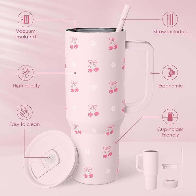 Cherry 40oz Slider Tumbler with Handle and Straw - Insulated Stainless Steel Travel Coffee Mug for Women Girls, Gift for Birthday Christmas