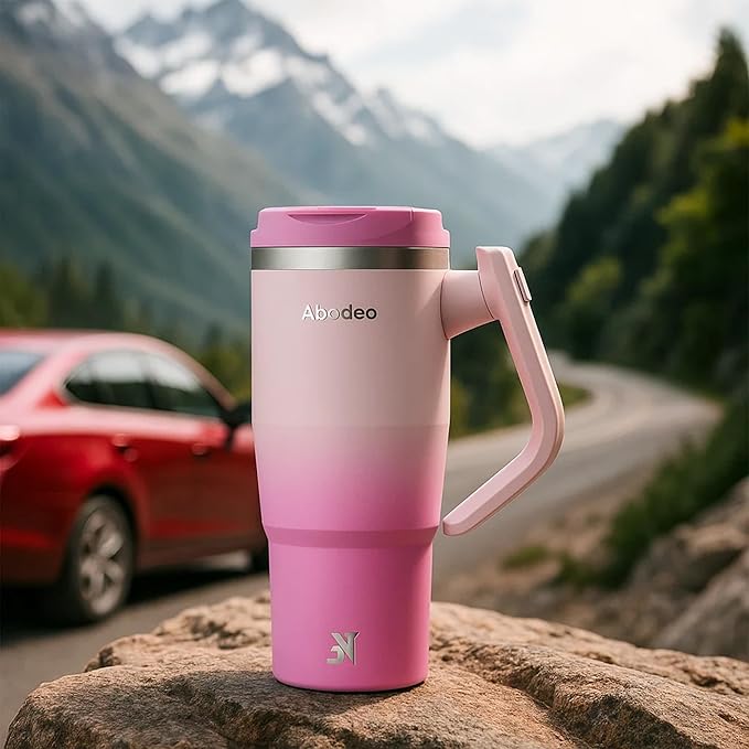 40 oz Tumbler with Straw and Leakproof Lid | Insulated Stainless Steel Tumbler | Travel Coffee Mug with Rotatable Handle | Fits Most Car Cup Holders (Dark & Light Pink)
