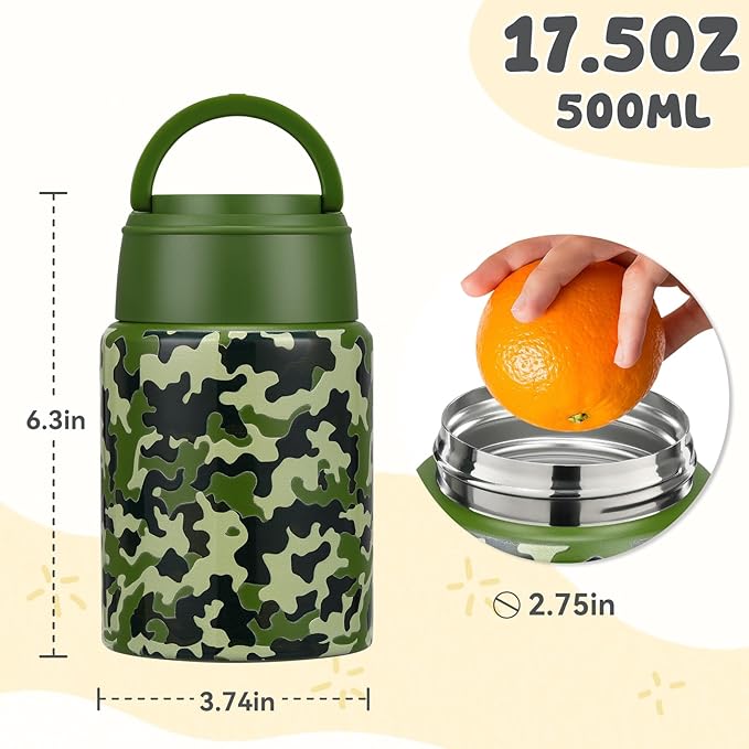 17oz Soup Thermo for Hot Food Kids Insulated Food Jar,Thermo Hot Food Lunch Container, Width Mouth Stainless Steel Lunch Box for Kids with Handle Folding Spoon(Army Green - Camouflage)