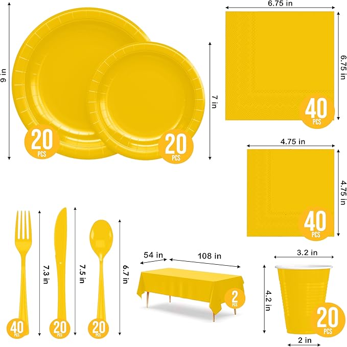 222 Pcs Yellow Paper Plates and Napkins Sets, Disposable Plates For Party, Lunch & Cocktail Napkins Paper, 18oz Plastic Cups, Cutlery and Yellow Table cloth Plastic Dinnerware Set