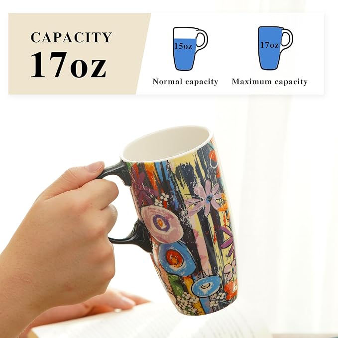 Topadorn Ceramic Travel Mugs Porcelain Latte Tea Cup Coffee Mug with Lid and Handle,17oz. Abstract Garden