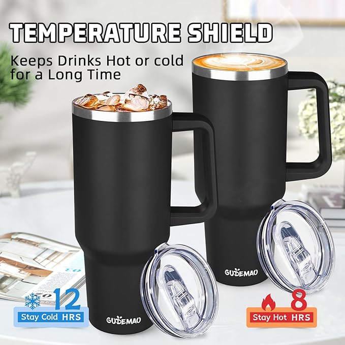 40 oz Insulated Coffee Mug with Ceramic Coating, Stainless Steel Travel Coffee Tumbler with Handle Lid and Straw, Double Wall Leak-Proof Coffee Travel Mug Keeps Drink Hot and Cold (Black)