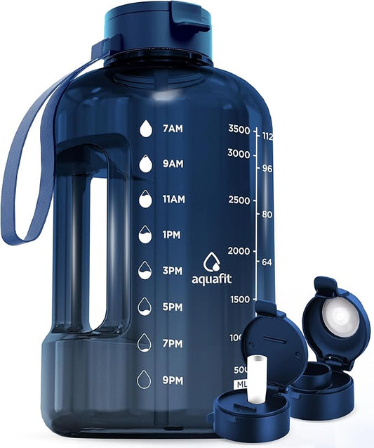 AQUAFIT 1 Gallon Water Bottle with Time Marker - Straw & Chug Lid - BPA Free Gym Water Bottle with Straw - Big Gallon Jug (Nebula 2, 128 oz - 2 Lids)