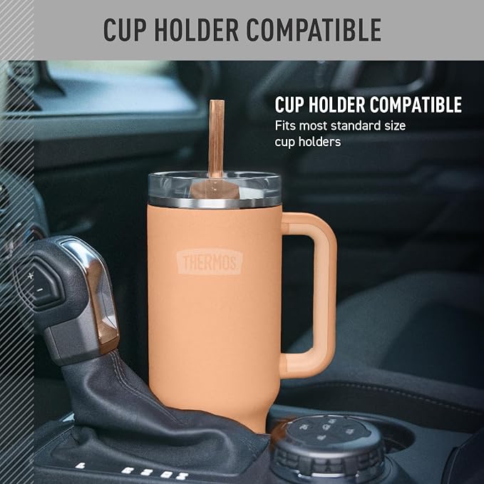 THERMOS Stainless Steel Cup Holder Mug - 40 Ounce, Melon - Insulated Tumbler with Lid and Straw, Plus Leak-Resistant Slide Lock