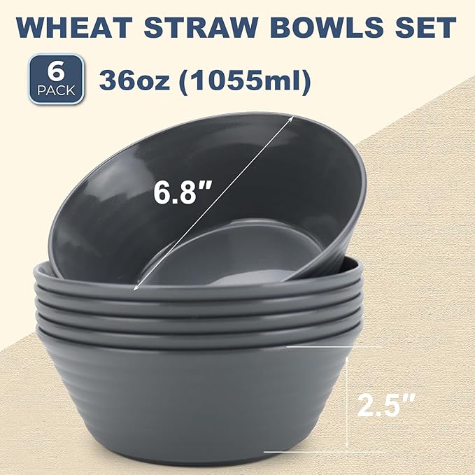 Wrova Wheat Straw Bowl Sets,6PCS Unbreakable Cereal Bowl 36 OZ,Microwave and Dishwasher Safe Bowls,Salad Bowls for Dorm,Apartment,Camping,Picnic (Deep Grey)