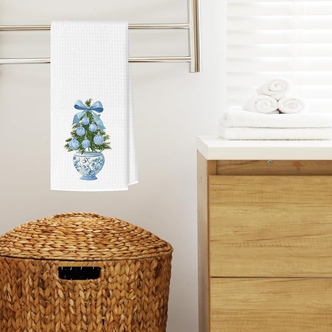 Blue Bow Chinoiserie Christmas Tree Kitchen Towels, Christmas Dish Tea Towels, Blue and White Grandmillennial Xmas Tree Hand Towel for Kitchen Bathroom Decor, 16x24 Inches