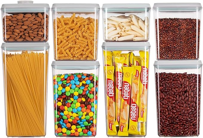 Ankou Food Storage Containers Pop Airtight Food Storage Containers with Lids for Kitchen Pantry Organizing Cereal Snack Flour Sugar Coffee Spaghetti Stackable - 8 Pcs (1.2, 2.0, 2.7, 3.3qt)*2