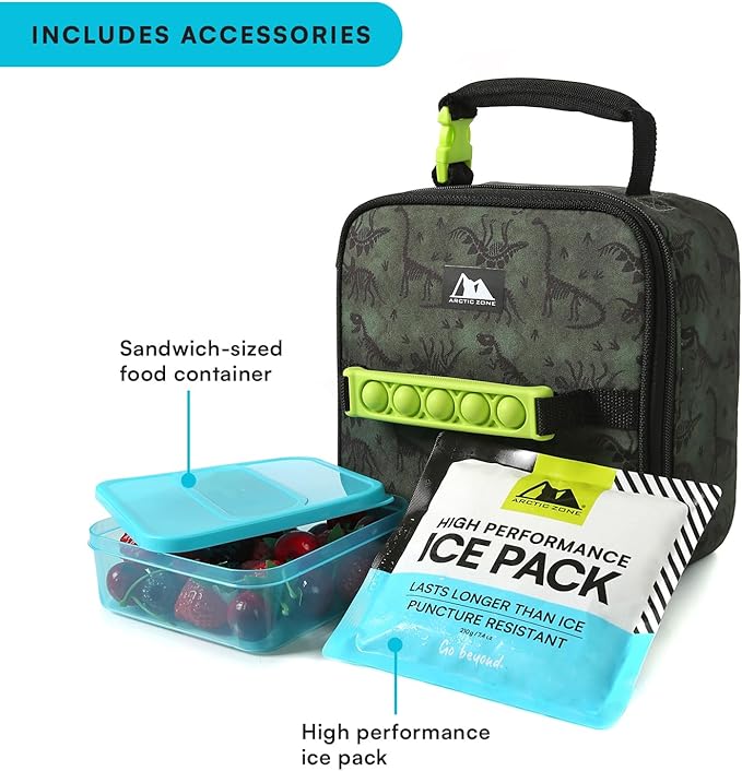 Arctic Zone Pop-it Kids Lunch Box Combo with Sensory Pop Handle, 210g Ice Pack, and Sandwich Container, Dino Skeleton Dye