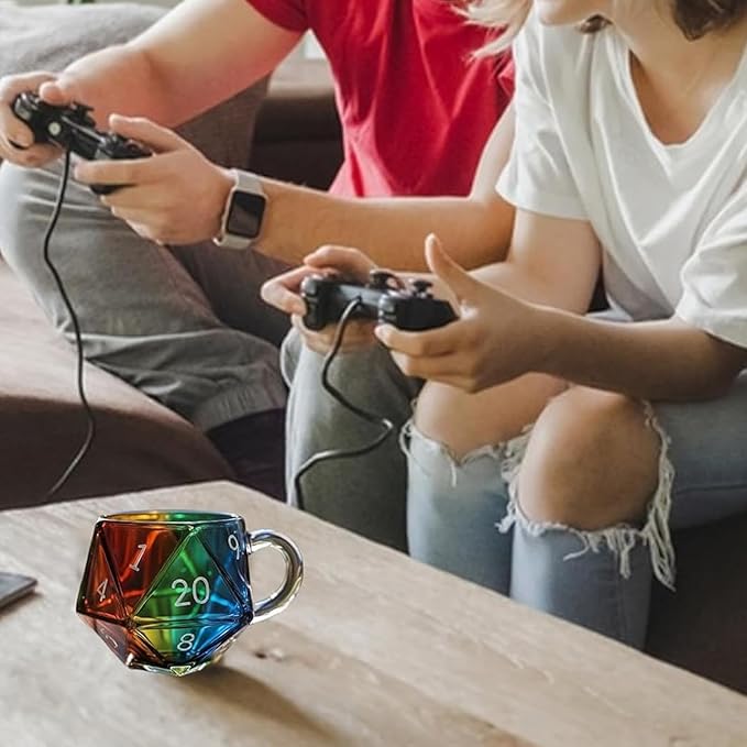 Rainbow D20 Dice Mug with Handle, Polyhedral Dice-Shaped Glass Coffee Cup for RPG Enthusiasts, Transparent Gaming Mug for Fantasy Lovers, Perfect Game Night Gift