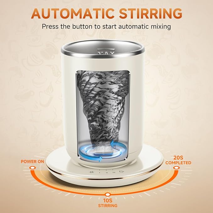 Automatic Self Stirring Coffee Mug with Lid, Smart Temperature Control USB Powered Coffee Milk Cocoa Cup, 11 oz White Stainless Steel Mug Warmer
