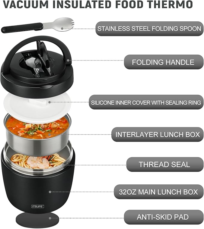 Soup Thermo for Hot Food Adults 32OZ Lunch Containers Wide Mouth Hot Food Jar Vacuum Insulated Stainless Steel Bento Box Leakproof with Spoon (Black)