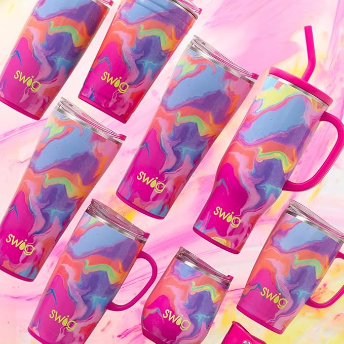 Swig Life 22oz Travel Mug, Insulated Tumbler with Handle and Lid, Travel Coffee Mug, Cup Holder Friendly, Stainless Steel 22 oz Tumbler, Reusable Insulated with Lid (Candy Crush)