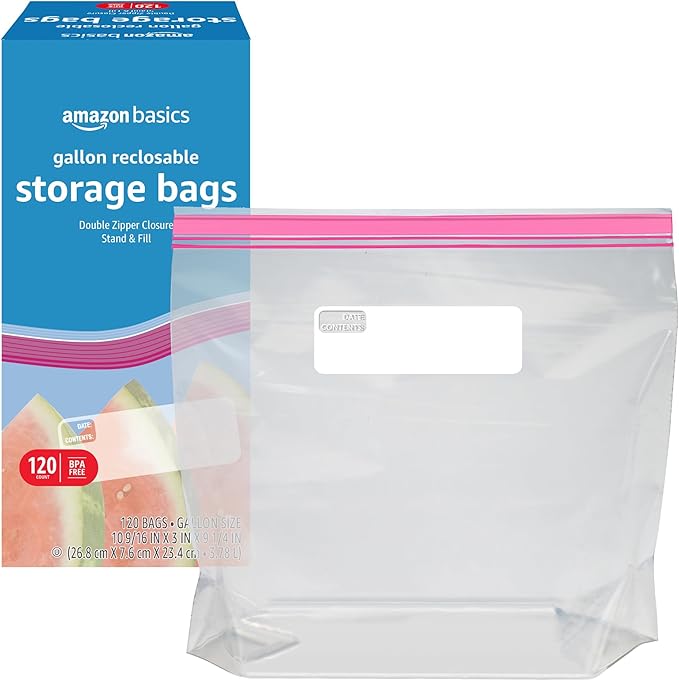 Amazon Basics Reclosable Gallon Food Storage Bags, Stand &Fill Base, 120 Count (Pack of 2)