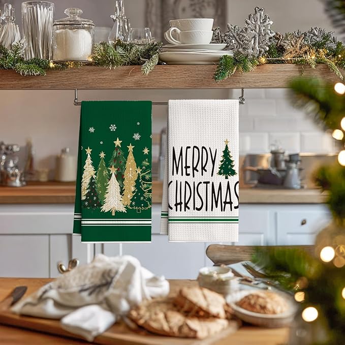 Artoid Mode Green Star Xmas Tree Merry Christmas Kitchen Towels, 18x26 Inch Quick Dry Microfiber Cloth Dish Towels for Kitchen Drying Set of 2