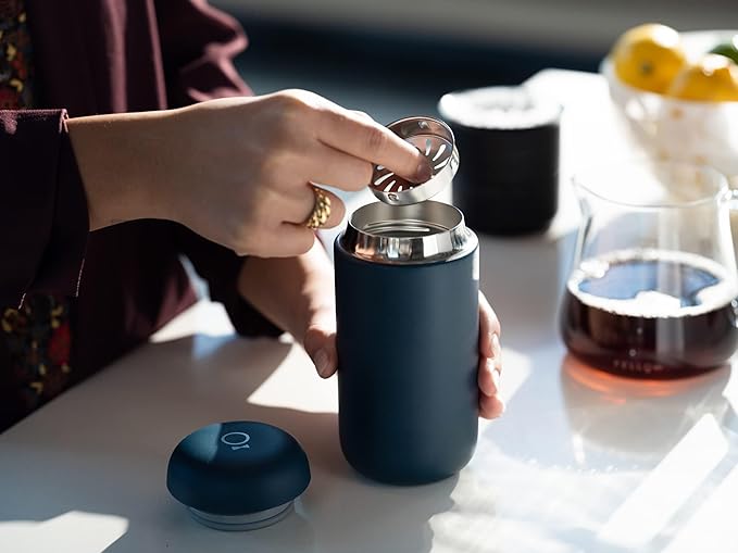 Fellow 12 oz Carter Move Travel Mug - Vacuum-Insulated Stainless Steel Travel Coffee Mug - Coffee Tumbler with Ceramic Interior and Splash Guard - Stone Blue