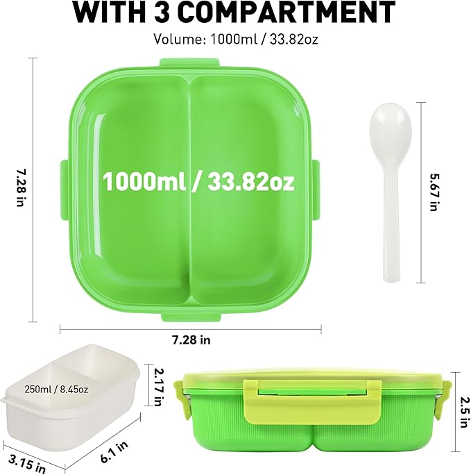 Bento Boxes with Removable Compartments for Adults & Kids,1000ml Lunch Box with Spoon & Water Cup,BPA-Free,Microwave & Dishwasher Safe(Green)