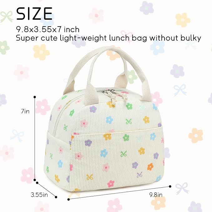 BTOOP Lunch Box for Women Men Cute Corduroy Lunch Bags Large Capacity Insulated Lunch Tote Bag For Work Travel Or Picnic (Colorful Floral Bow)