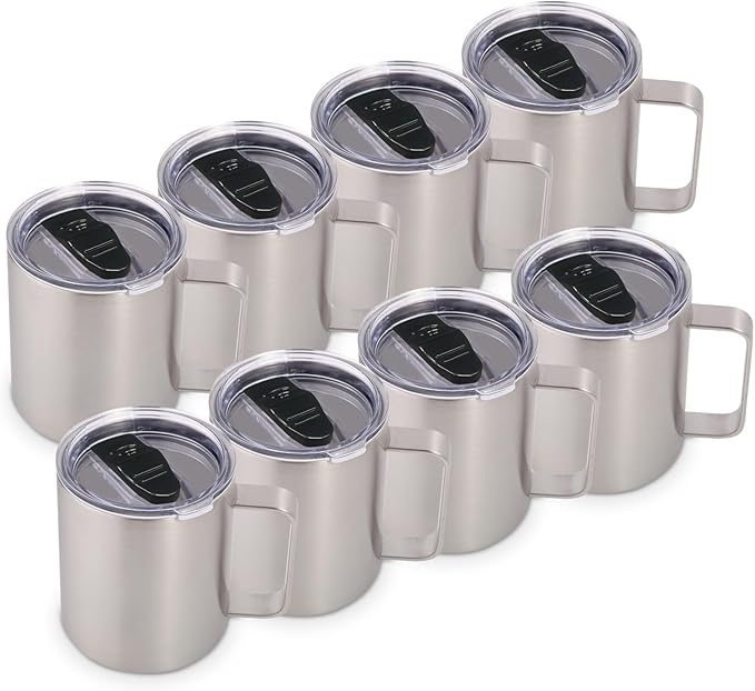 Volhoply 14oz Insulated Stainless Steel Coffee Mug with Lid Bulk 8 Pack,Double Wall Vacuum Travel Coffee Cup with Handle,Reusable Metal Cups Tumbler,Camping Mugs Keep Hot,Ideal Gifts(Silver,8)
