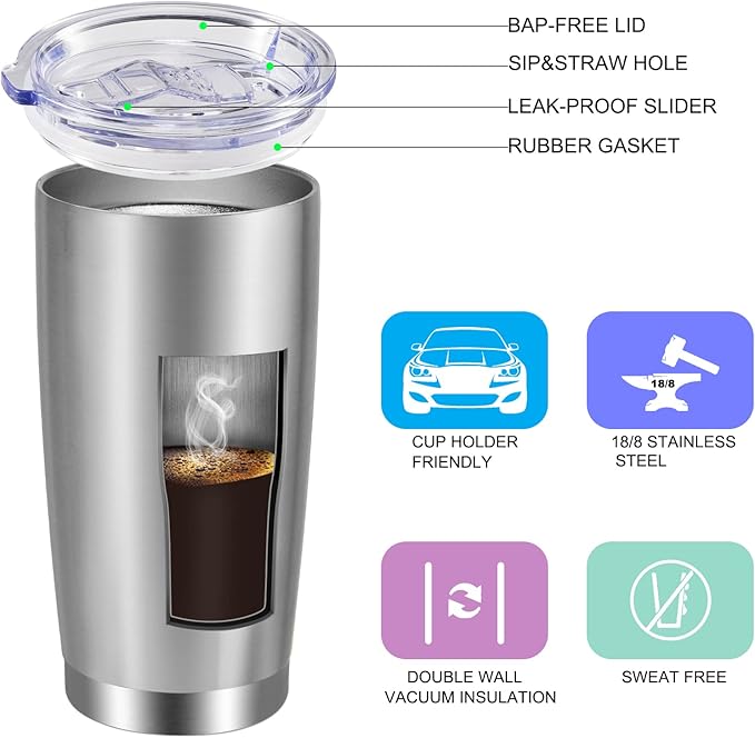 VEGOND 20oz Tumbler with Lid and Straw Stainless Steel Tumbler Cup Vacuum Insulated Double Wall Travel Coffee Mug Powder Coated Coffee Cup(Stainless 1 Pack)