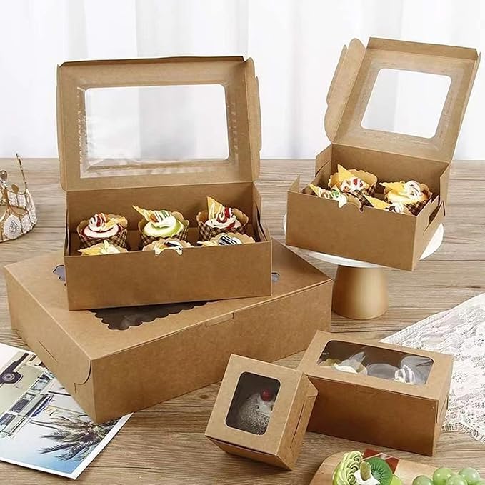 30-Set Cupcake Boxes Bulk with Clear Display Window Hold 4 Standard Cupcakes, Disposable Food Grade Brown Cupcake Carrier Cupcake Container, Perfect for Cupcakes Muffins Cookies Pastries