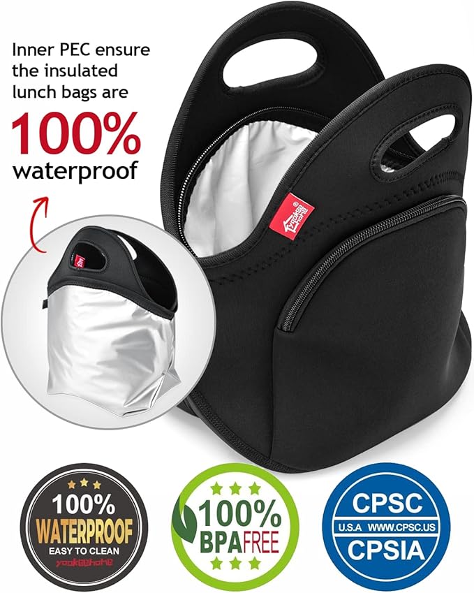 yookee home Waterproof Lunch Bag Double Layer Leakproof Neoprene Insulated Lunch Bag Freezable Black Reusable Thermal Lunch Cooler Tote Lunch Box for Boys Men Women Adult Kids for Work Outdoor
