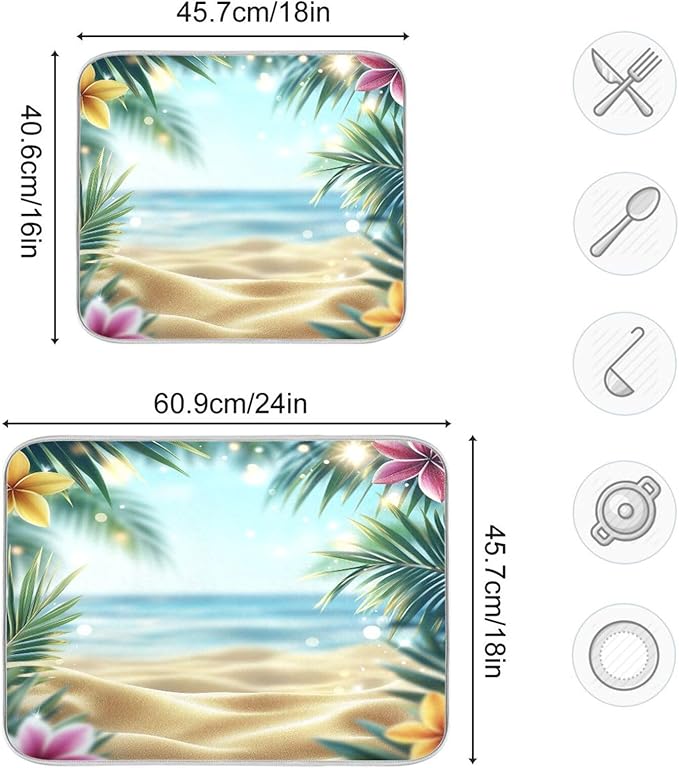 Summer Tropical Flowers Palm Leaves Dish Drying Mat for Kitchen Counter Super Absorbent Dishes Pad Reversible Microfiber Protector Dish Draining Mats 16x18 inch