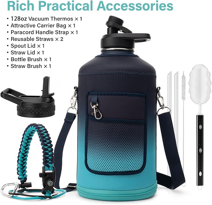 1 Gallon Water Bottle Insulated | Thickened Stainless Steel Vacuum Metal Water Jug | Portable Sports Large for Gym and Hiking with Straw, Carrier Bag, Handle Strap | BPA-Free 128 oz