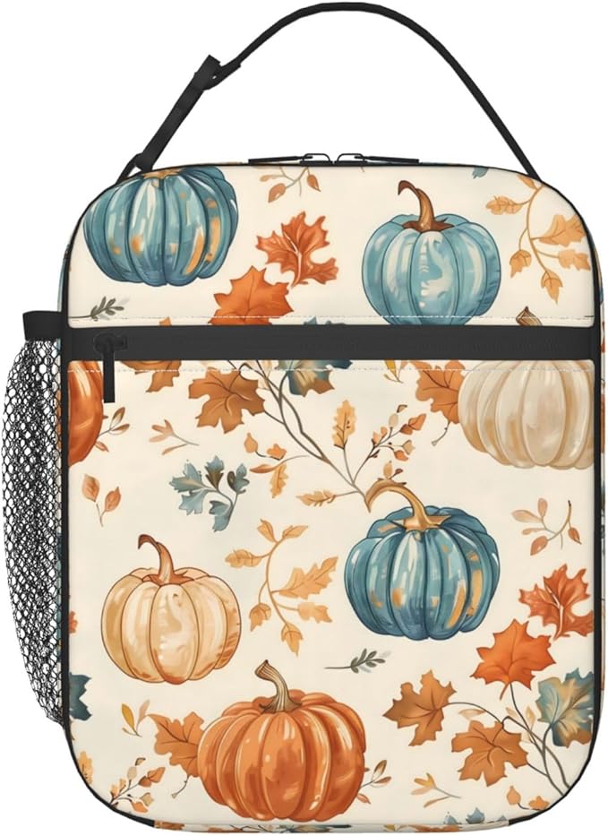 Autumn Pumpkin Lunch Box for Women Girls, Insulated Cooler Fall Leaves and Pumpkins Lunch Bag for School, Picnic, Office, Travel, Work, Portable Reusable Polyester Thermal Tote Lunch Bags