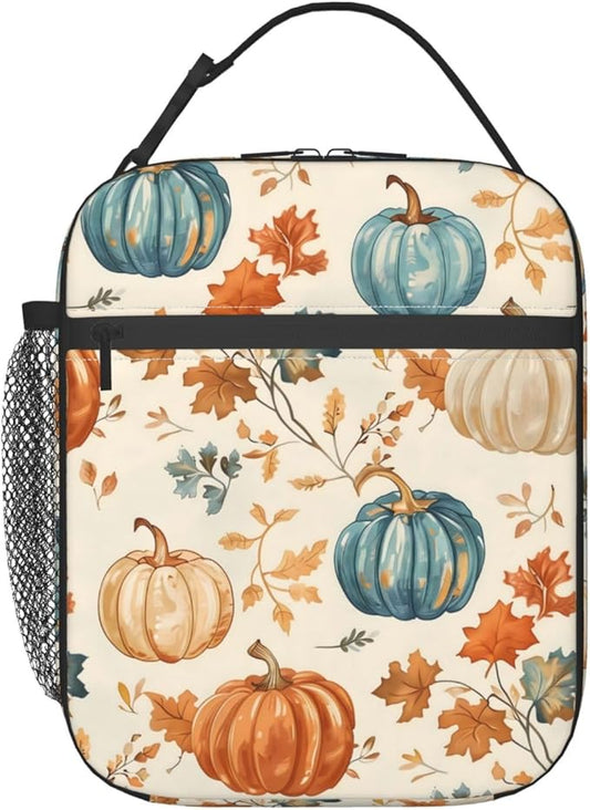 Autumn Pumpkin Lunch Box for Women Girls, Insulated Cooler Fall Leaves and Pumpkins Lunch Bag for School, Picnic, Office, Travel, Work, Portable Reusable Polyester Thermal Tote Lunch Bags