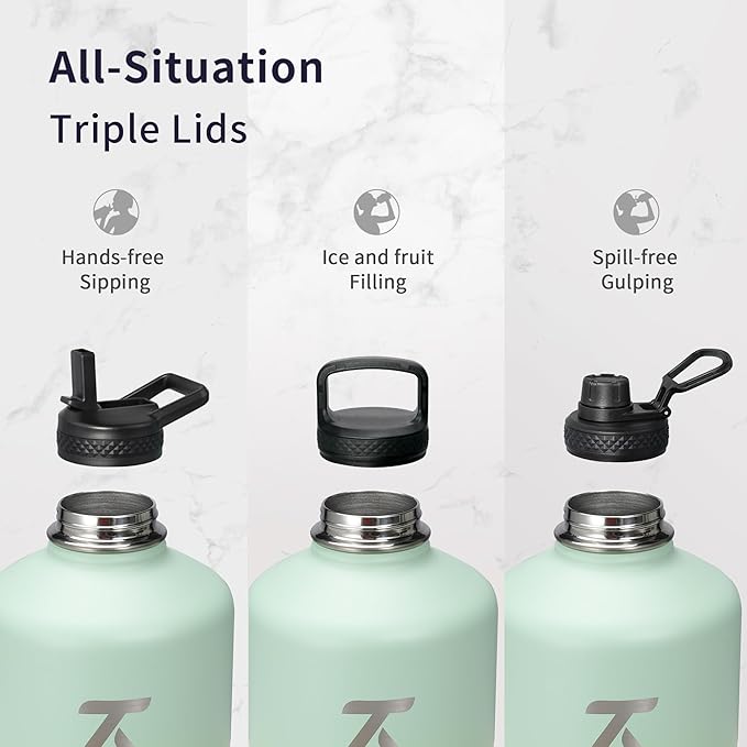 Trebo One Gallon Water Bottle Insulated with Paracord Handle,128oz Stainless Steel Sports Large Jug,Food-grade Double Wall Vacuum with Straw Spout Handle Lids, Leakproof Keep Cold & Hot, Dark Green