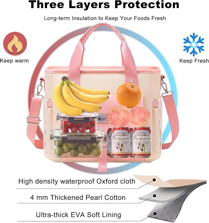 Weitars Insulated Lunch Bag for Men Women,Leak Proof Lunch Box for Work,Extra Large Lunch Tote Bag With Removable Shoulder Strap with Side Pockets,Reusable Lunch Bag For Picnic Hiking