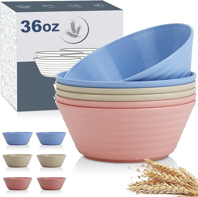 Wrova Wheat Straw Bowl Sets,6 PCS Unbreakable Cereal Bowl 36 OZ,Microwave and Dishwasher Safe Bowls,Alternative Plastic Bowls Reusable for Fruit,Oatmeal and Salad (Colorful)