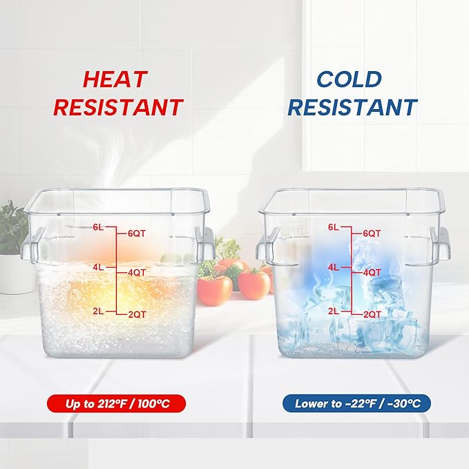 4 Pack Food Storage Containers, 6 Quart with Lids, Square Commercial Containers with Scale, Clear NSF Food Organizing, Polycarbonate