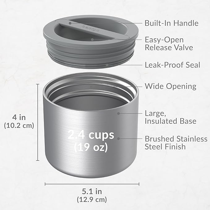 Bentgo Stainless Insulated Food Container - 2.4 Cups (19 oz), Triple-Layer Insulation, Vacuum Seal, Leak-Proof, Built-In Handle, Wide Opening, Premium Stainless Steel, for Cool/Warm Foods (Steel)