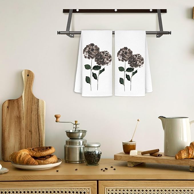 Black Hydrangea Flowers Floral Kitchen Towels Set of 2, Hydrangea Decorative Hand Towels for Bathroom Decor Dish Towels for Kitchen, Black and White Towels, Hydrangea Gifts, 16x24 inch