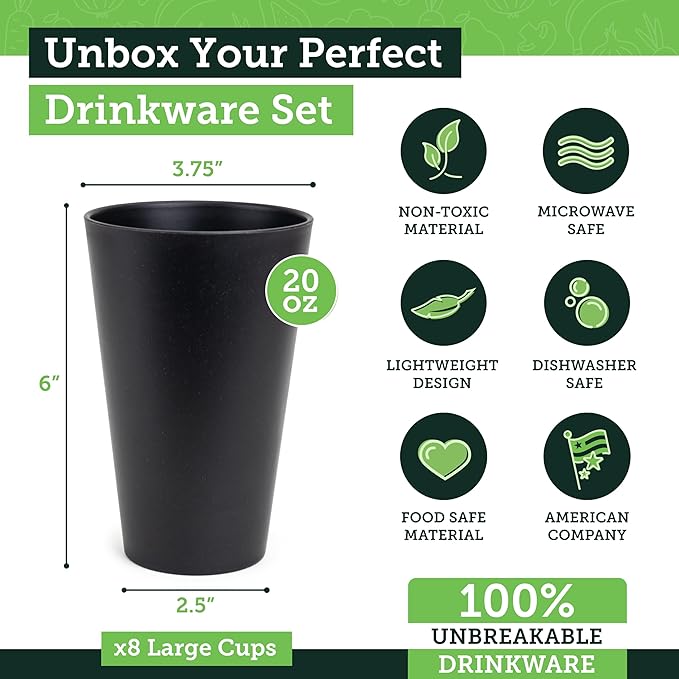 Grow Forward Premium Wheat Straw Cups - 20 oz Unbreakable BPA Free Hard Plastic Cups - Reusable Lightweight Plastic Drinking Glasses for Kitchen, Outdoor, Water, Camping, RV - Midnight