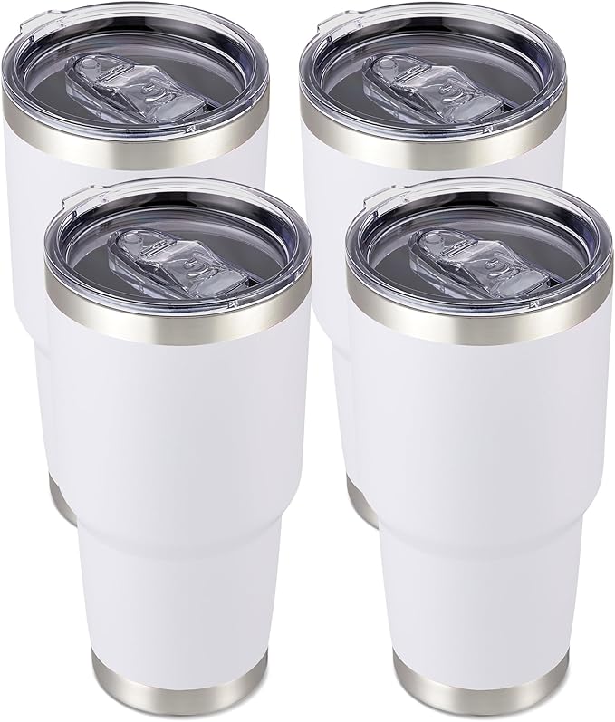30 oz Tumbler with Lid Stainless Steel Tumblers Bulk Vacuum Insulated Cup Reusable Powder Coated Travel Mug Double Wall Leak Proof Cups Keep Cold Drinks for 12 Hours White, Set of 4