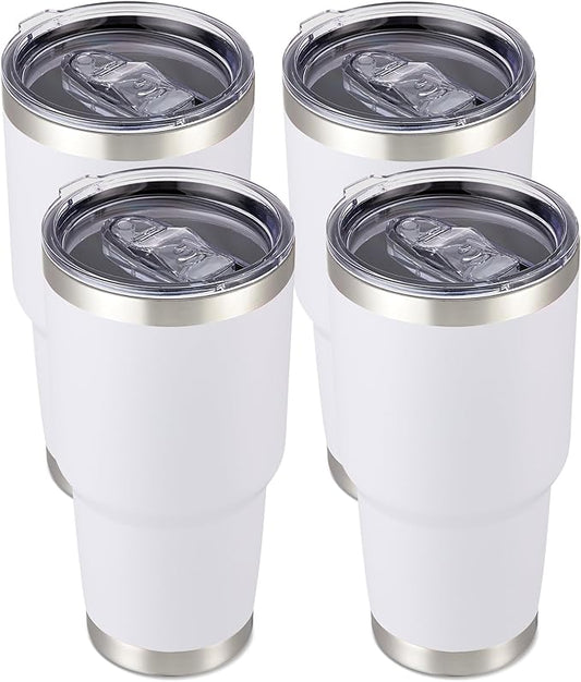 30 oz Tumbler with Lid Stainless Steel Tumblers Bulk Vacuum Insulated Cup Reusable Powder Coated Travel Mug Double Wall Leak Proof Cups Keep Cold Drinks for 12 Hours White, Set of 4