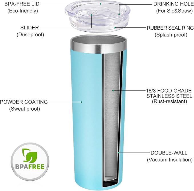 VEGOND Stainless Steel Skinny Tumbler, 20 oz Vacuum Insulated Tumbler with Lid and Straw, Double Wall Coffee Cup, Travel Mug for Cold Hot Drinks, Blue 1 Pack