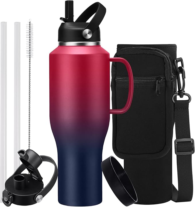 40 OZ Insulated Water Bottles Fits in Cup-Holder - Stainless-steel Travel Tumbler 40 oz with Handle, Reusable Coffee Tumblers with Lids and Straw, Pop-up Spout Lid, Metal Flask Keep Cold 48h/Hot 24h