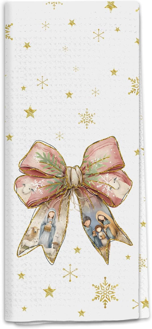 Christian Christmas Nativity Kitchen Towels, Religious Jesus Xmas Dish Tea Towels for Kitchen, Gold and Pink Coquette Bow Christmas Decorative Hand Towel for Bathroom, 16x24 Inch