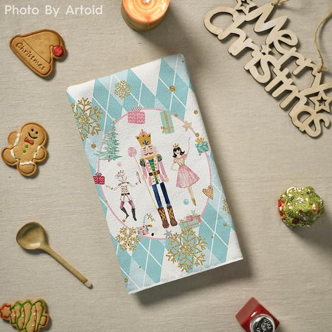 Artoid Mode Blue Nutcrackers Tree Christmas Kitchen Towels Dish Towels, 18x26 Inch Gift Box Snowflake Winter Decoration Hand Towels Set of 2