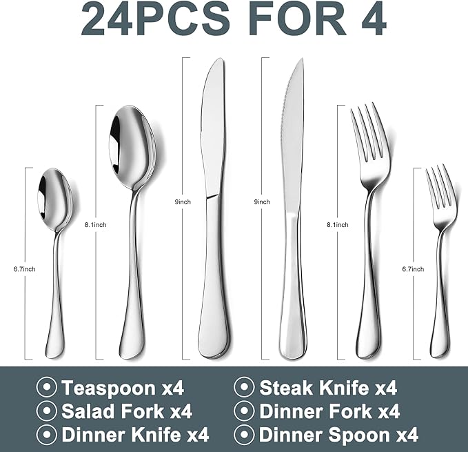 Silverware Set,SANTUO Stainless Steel Knives Spoon Forks Set for Home, Kitchen and Restaurant, Mirror Polished& Dishwasher Safe (24pcs Silverware set)