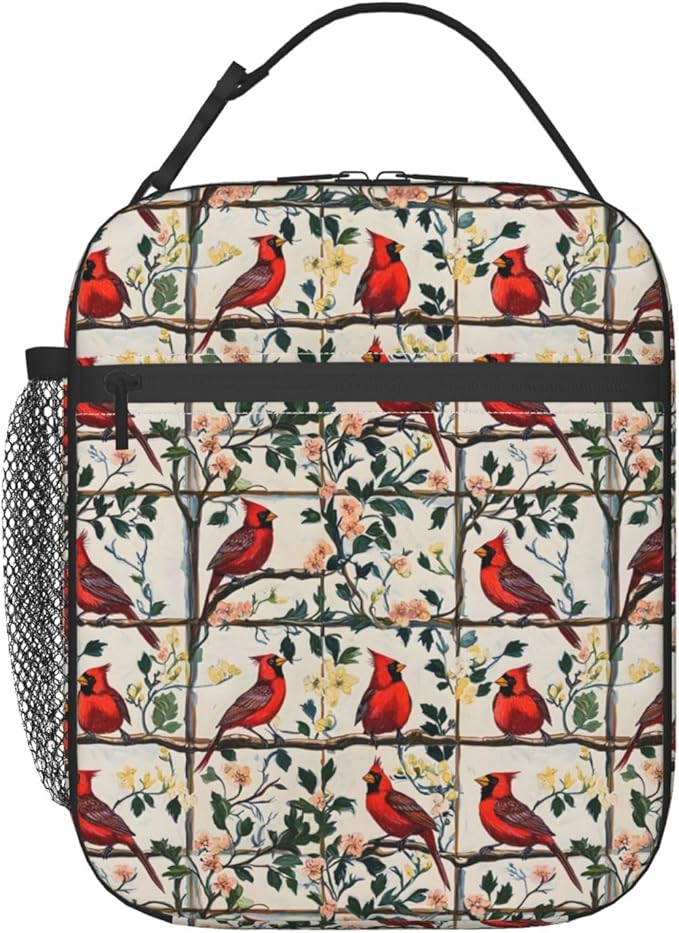 Cardinal Lunch Bag, Polyester Tote Bags with Bird Floral and Branch, Insulated Lunchbox, Portable Lunchbag Nature Decor Gifts for Work, Picnic, School, Travel, Hiking, Beach or Fishing