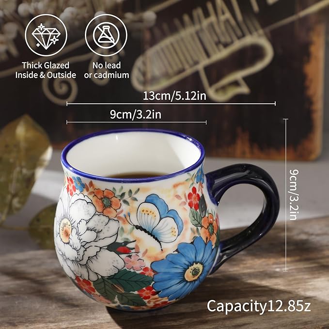 ALMA 2025 Updated Ceramic Coffee Mug 12oz/380ml,Floral Belly Mug for Women,Tea Cup For Mother,Microwave Oven Safe(Wildflower Waltz,Medium)